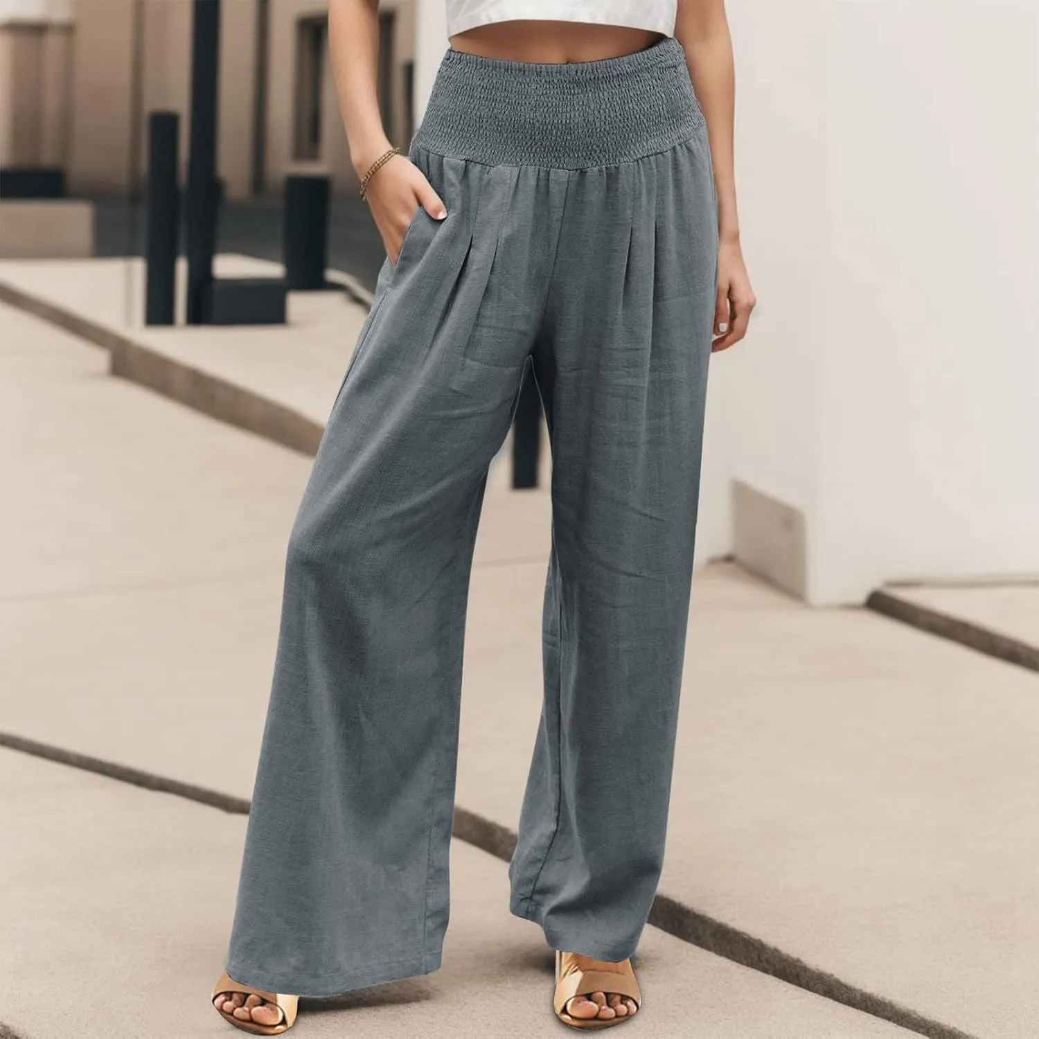 Linen Palazzo Pants for Women Summer Boho Wide Leg Pants High Waist Flowy Trousers 2025 Trendy Beach Vacation Clothes