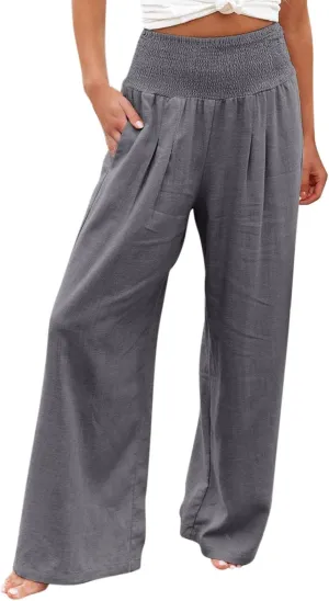 Linen Palazzo Pants for Women Summer Boho Wide Leg Pants High Waist Flowy Trousers 2025 Trendy Beach Vacation Clothes