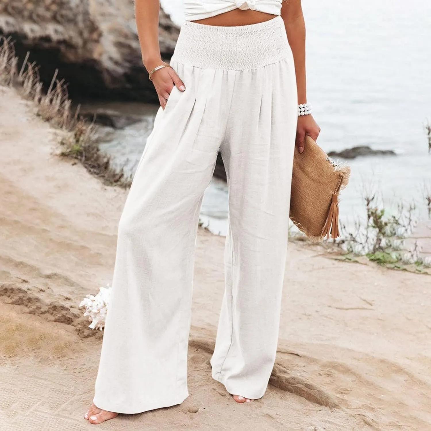 Linen Palazzo Pants Women 2025 Wide Leg Long Lounge Pant Summer High Waisted Loose Cotton Trousers with Pockets