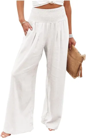 Linen Palazzo Pants Women 2025 Wide Leg Long Lounge Pant Summer High Waisted Loose Cotton Trousers with Pockets