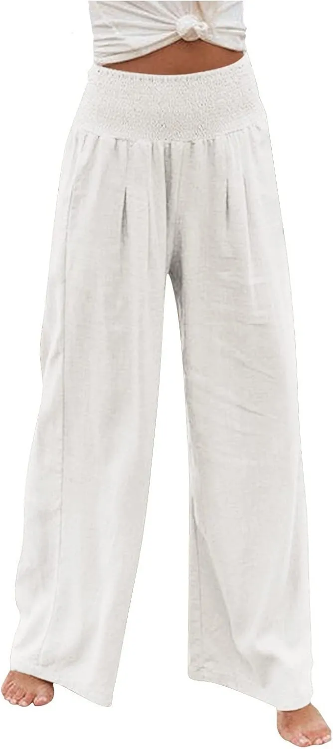 Linen Palazzo Pants Women 2025 Wide Leg Long Lounge Pant Summer High Waisted Loose Cotton Trousers with Pockets
