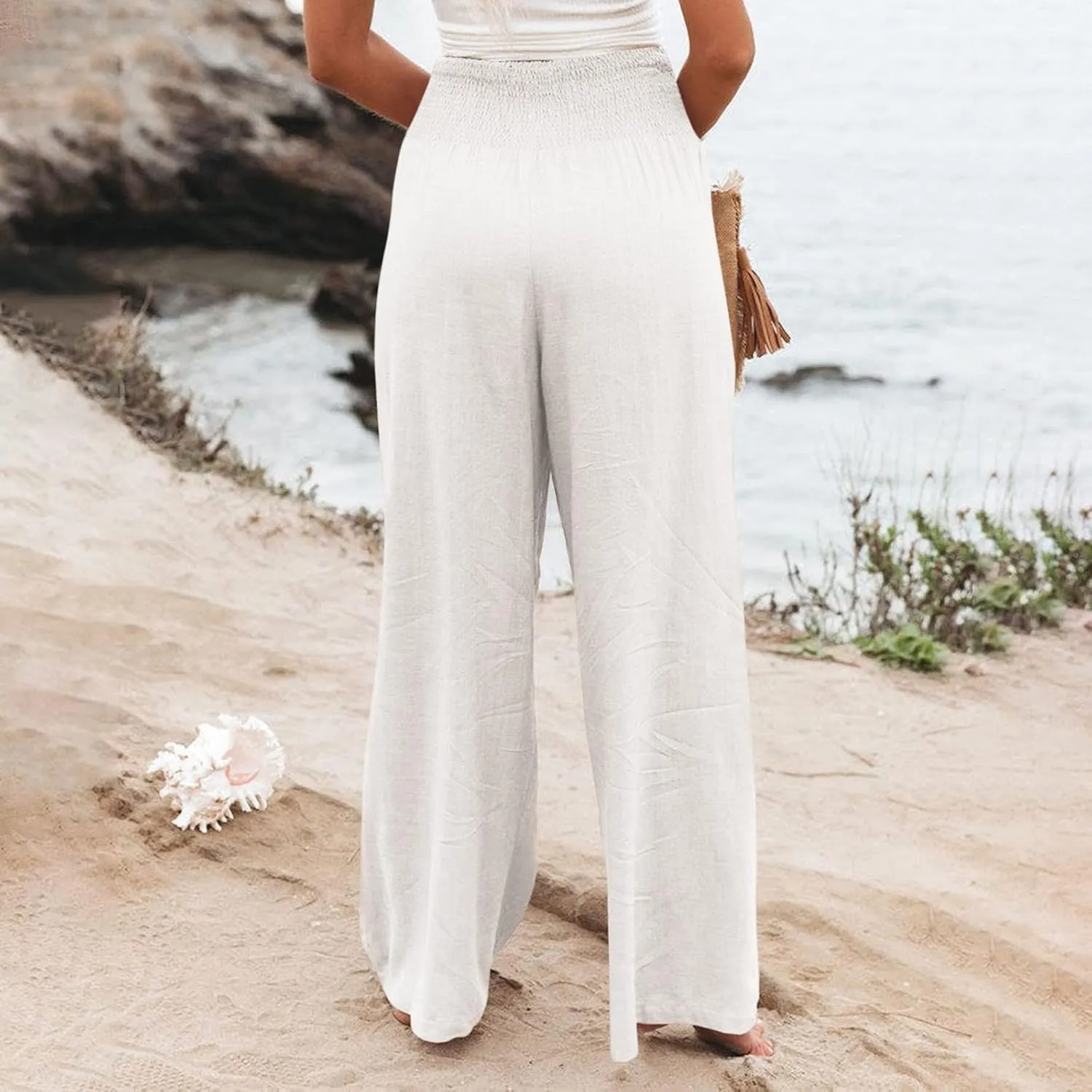 Linen Palazzo Pants Women 2025 Wide Leg Long Lounge Pant Summer High Waisted Loose Cotton Trousers with Pockets