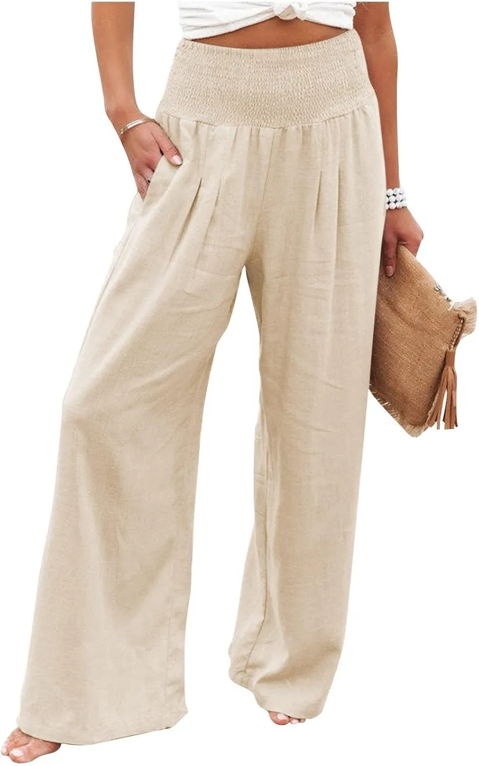 Linen Palazzo Pants Women 2025 Wide Leg Long Lounge Pant Summer High Waisted Loose Cotton Trousers with Pockets