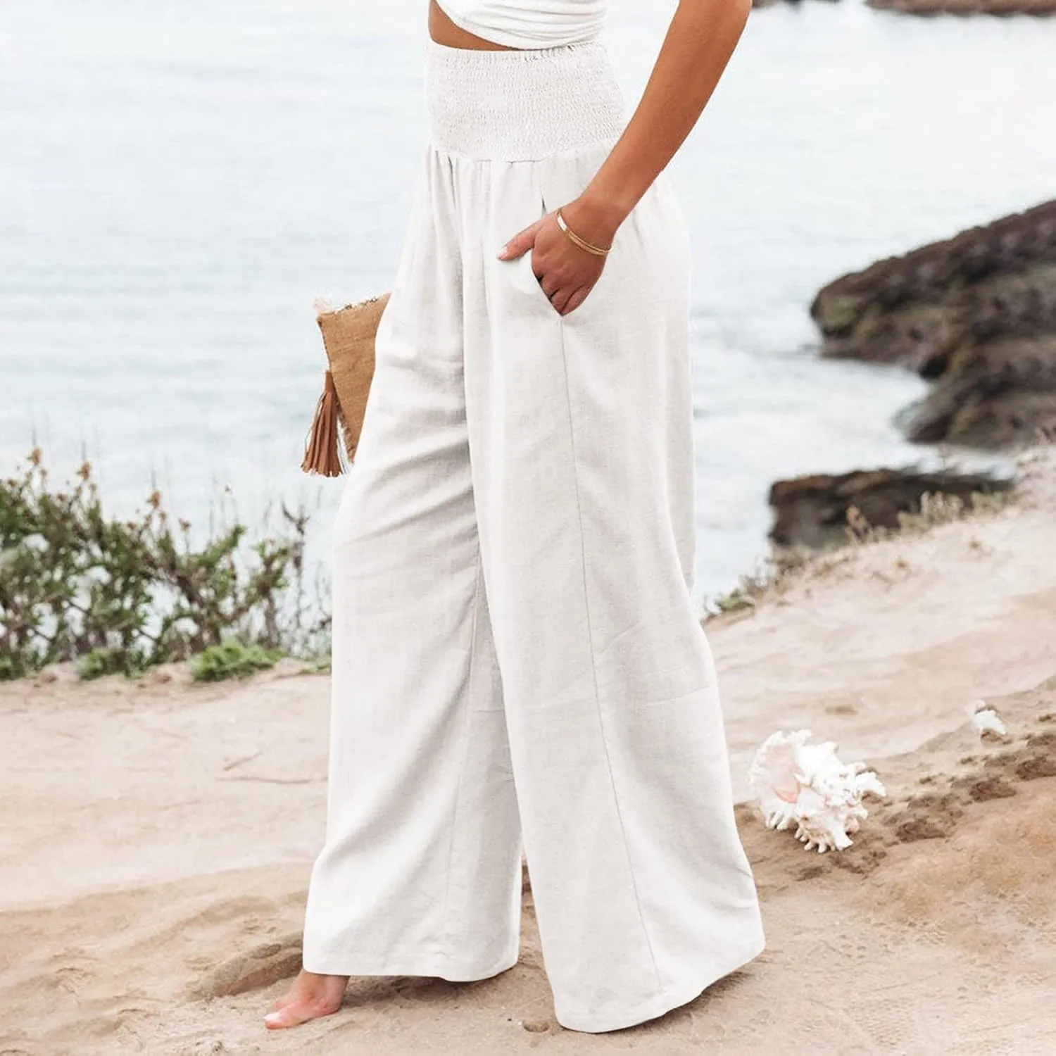 Linen Palazzo Pants Women 2025 Wide Leg Long Lounge Pant Summer High Waisted Loose Cotton Trousers with Pockets