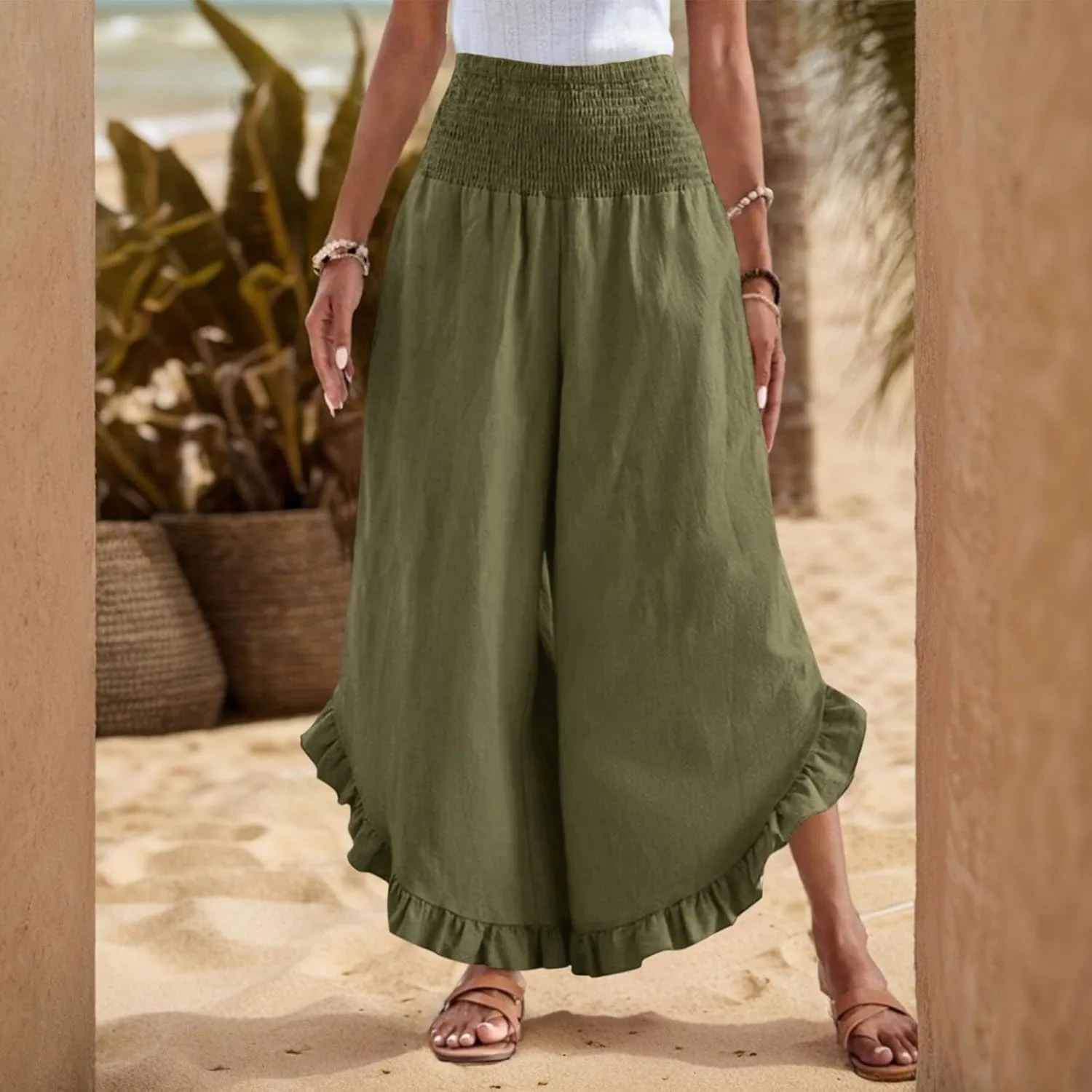 Linen Pants for Women 2025 Summer Casual Loose Flowy Boho Beach Pants,Smocked Waist Ruffle Palazzo Pant with Pockets