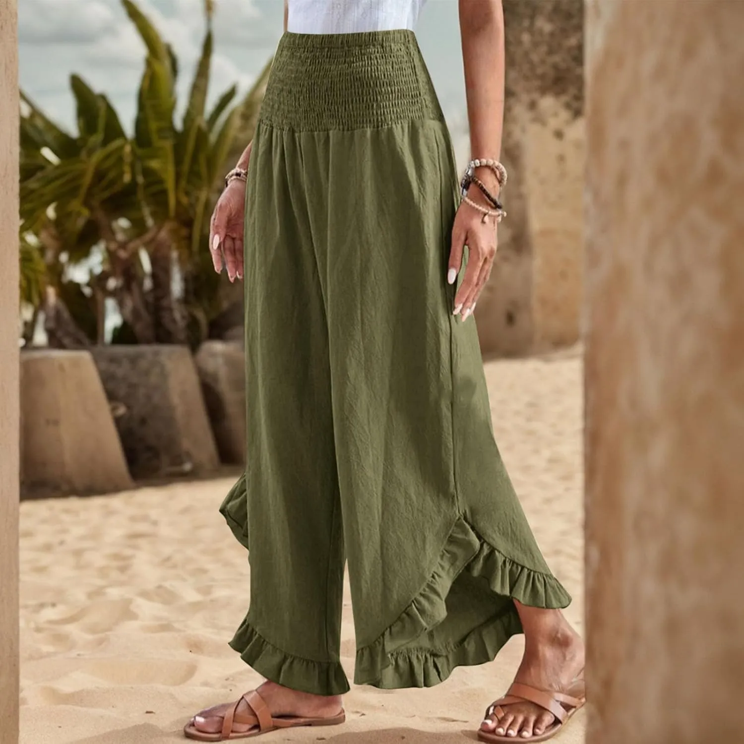 Linen Pants for Women 2025 Summer Casual Loose Flowy Boho Beach Pants,Smocked Waist Ruffle Palazzo Pant with Pockets