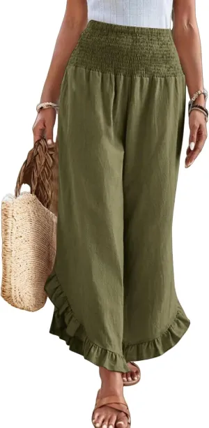 Linen Pants for Women 2025 Summer Casual Loose Flowy Boho Beach Pants,Smocked Waist Ruffle Palazzo Pant with Pockets