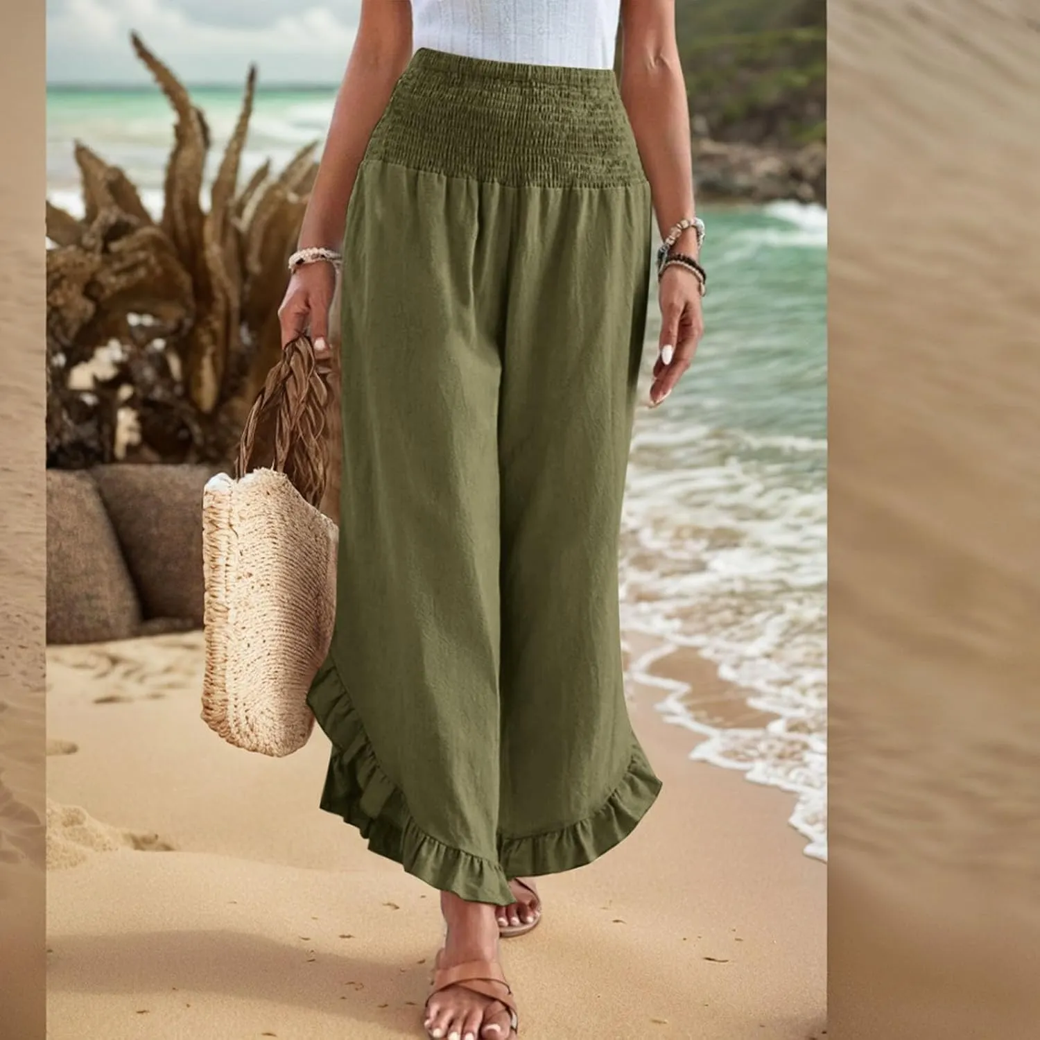 Linen Pants for Women 2025 Summer Casual Loose Flowy Boho Beach Pants,Smocked Waist Ruffle Palazzo Pant with Pockets