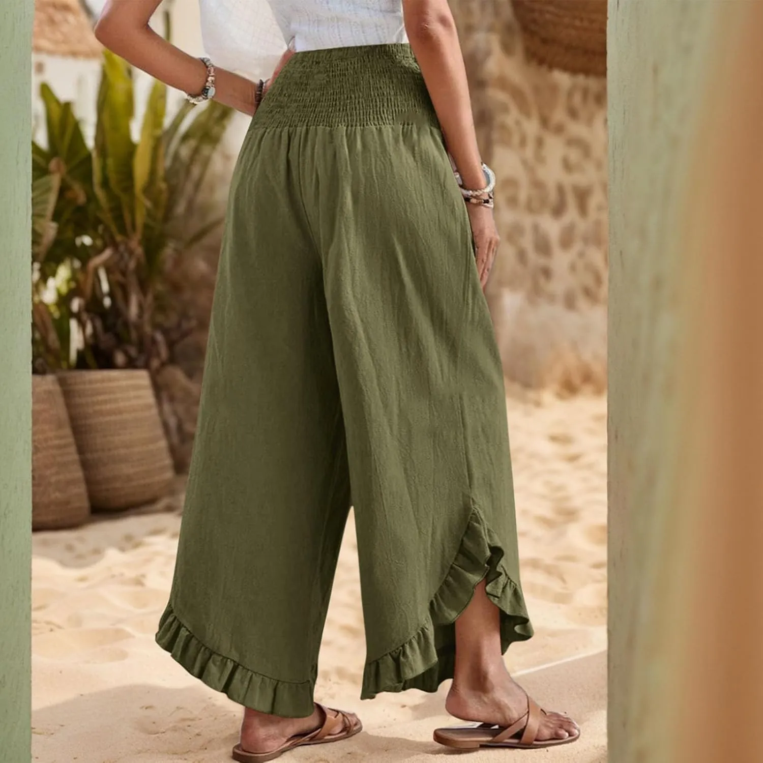 Linen Pants for Women 2025 Summer Casual Loose Flowy Boho Beach Pants,Smocked Waist Ruffle Palazzo Pant with Pockets