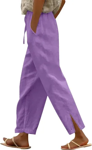 Linen Pants for Women 2025 Summer High Waist Elastic Straight Leg Lounge Pant Casual Loose Lightweight Beach Trousers