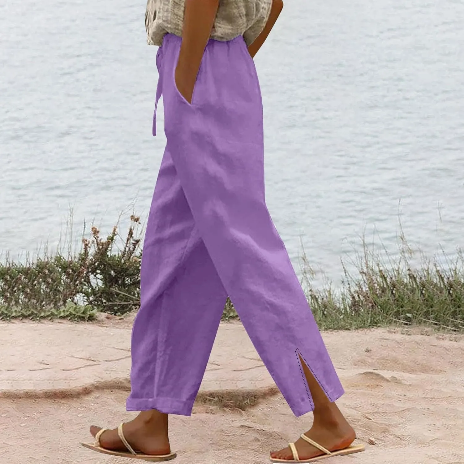 Linen Pants for Women 2025 Summer High Waist Elastic Straight Leg Lounge Pant Casual Loose Lightweight Beach Trousers