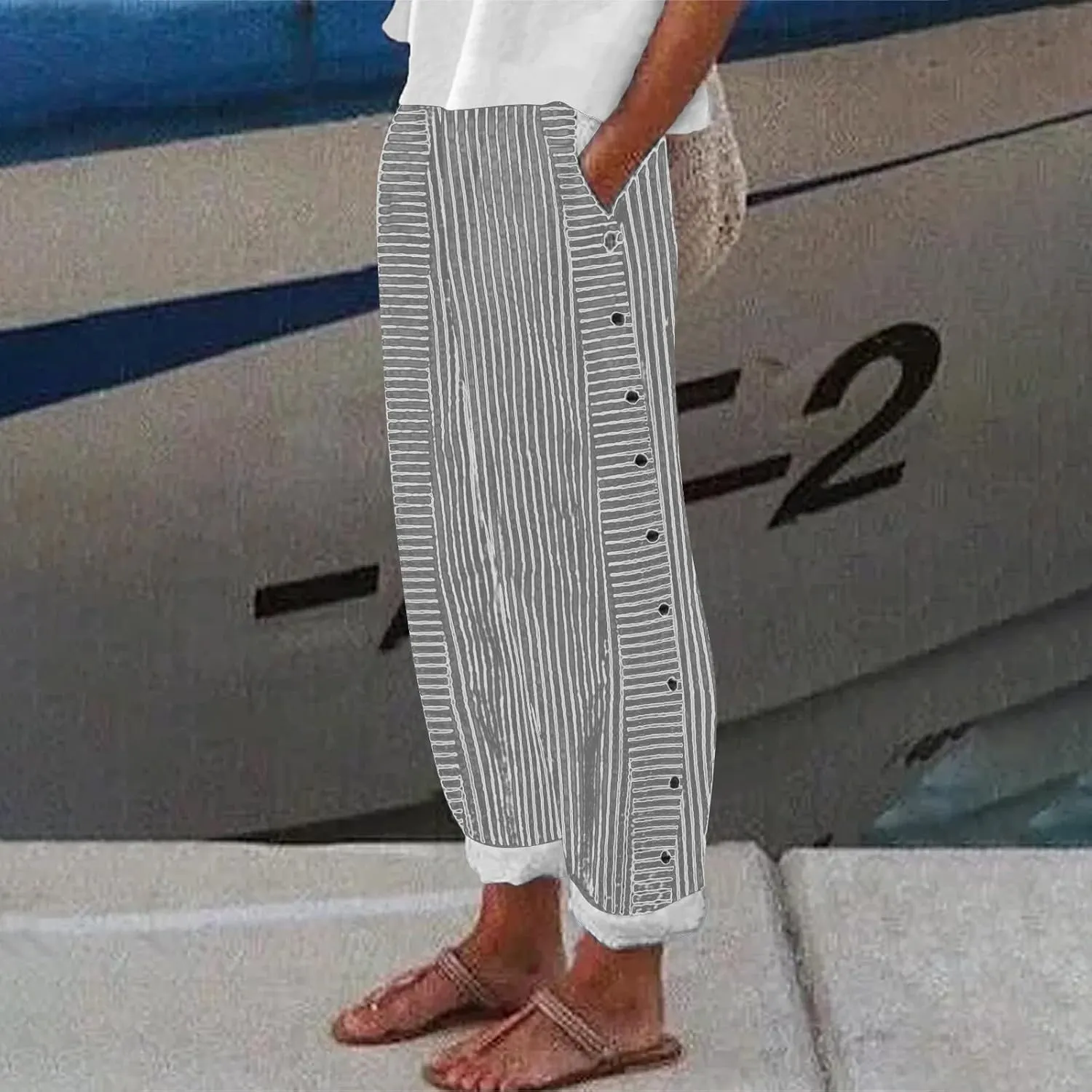 Linen Pants for Women 2025 Trendy Striped Spring Summer Casual Pants High Waist Straight Leg Trousers with Pockets