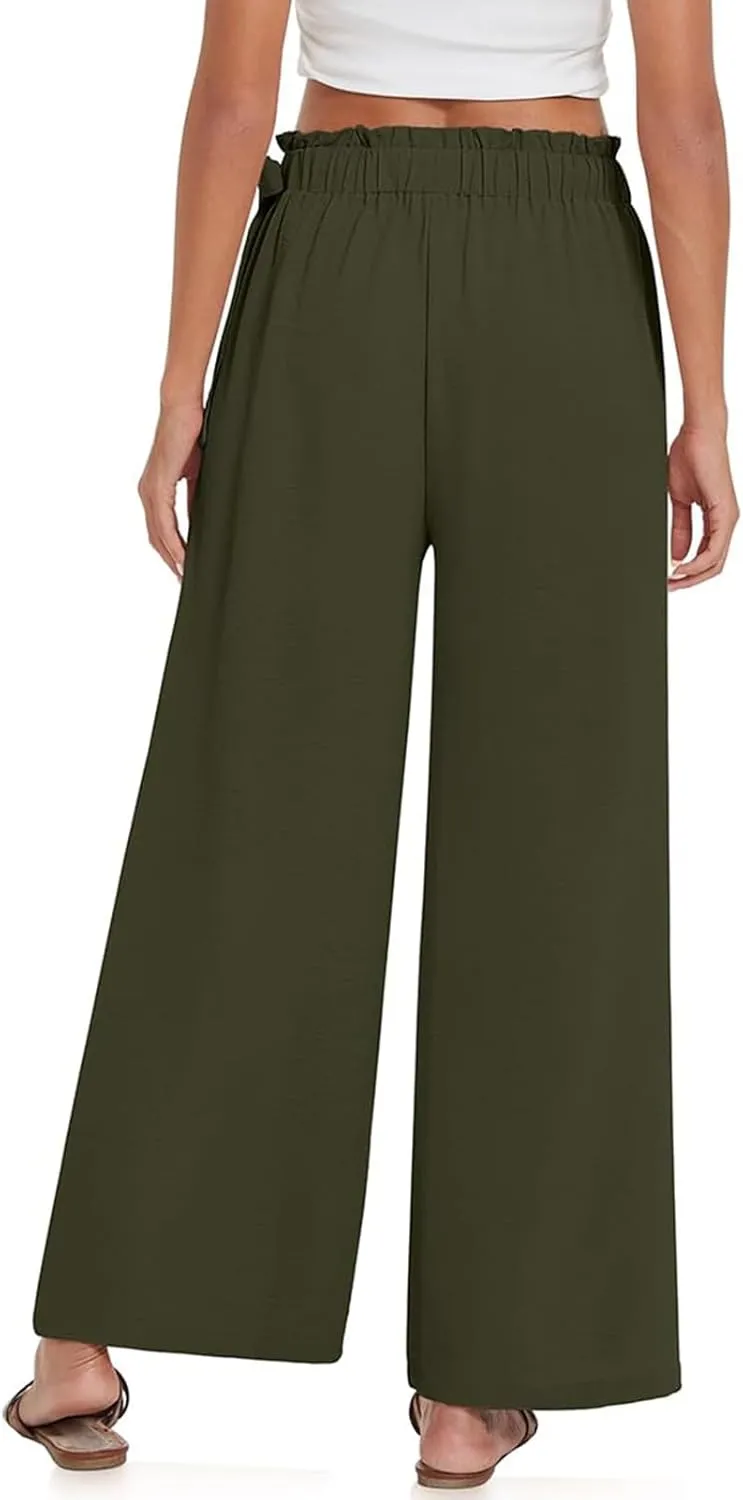 Linen Pants for Women High Waist Wide Leg Pants Loose Fit Palazzo Pants Summer Beach Trousers with Pockets