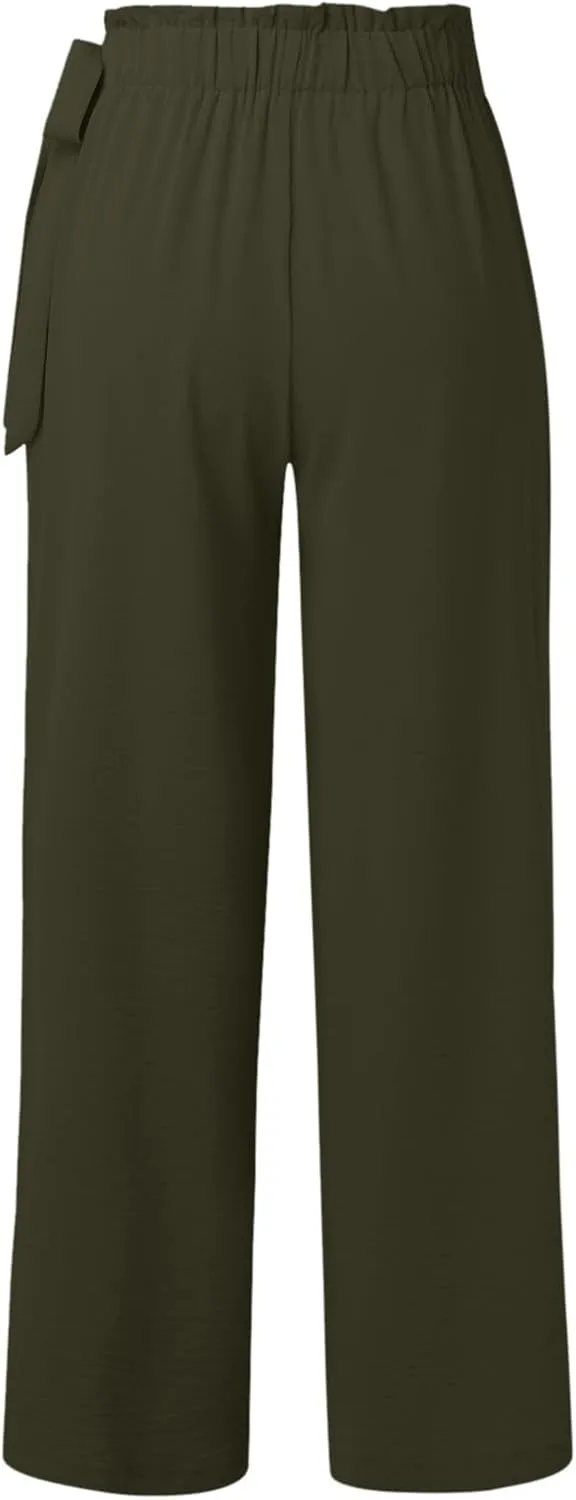 Linen Pants for Women High Waist Wide Leg Pants Loose Fit Palazzo Pants Summer Beach Trousers with Pockets