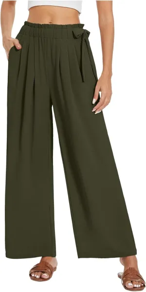 Linen Pants for Women High Waist Wide Leg Pants Loose Fit Palazzo Pants Summer Beach Trousers with Pockets