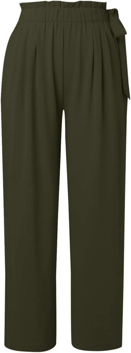 Linen Pants for Women High Waist Wide Leg Pants Loose Fit Palazzo Pants Summer Beach Trousers with Pockets