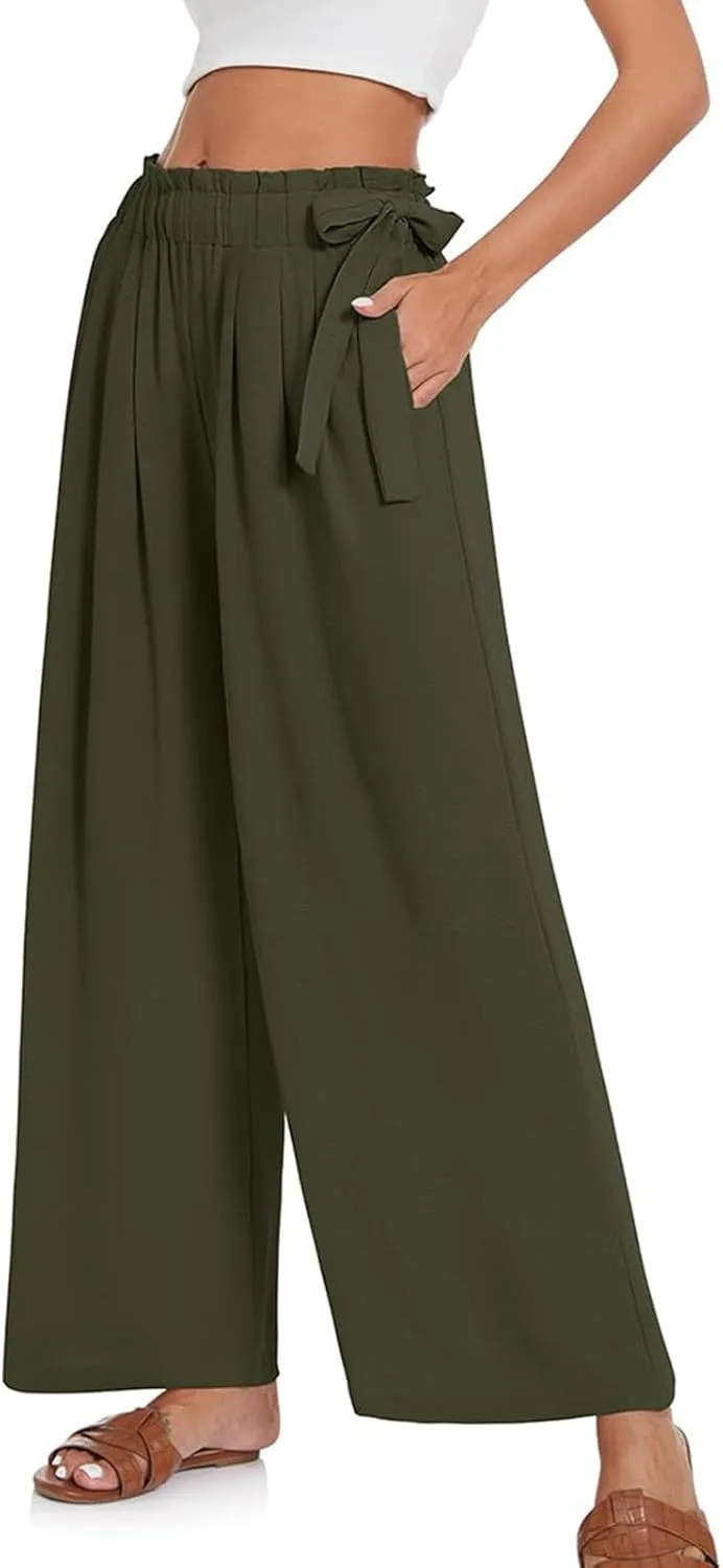 Linen Pants for Women High Waist Wide Leg Pants Loose Fit Palazzo Pants Summer Beach Trousers with Pockets