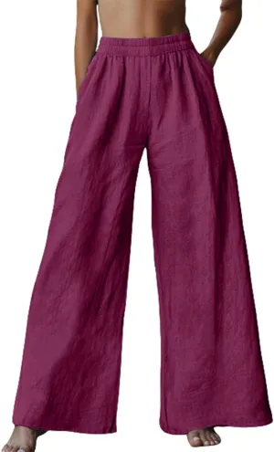 Linen Pants for Women Loose Wide Leg Elastic High Waisted Palazzo Pants Summer Casual Flowy Lounge Trousers Pockets