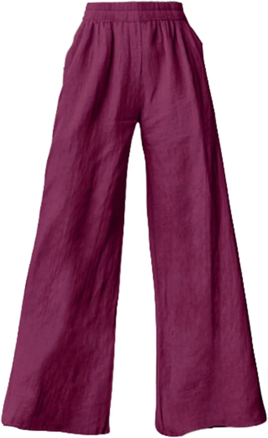 Linen Pants for Women Loose Wide Leg Elastic High Waisted Palazzo Pants Summer Casual Flowy Lounge Trousers Pockets