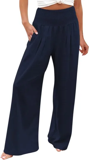 Linen Pants for Women Wide Leg Elastic High Waisted Palazzo Pants Lounge Yoga Trousers Beach Pants with Pockets