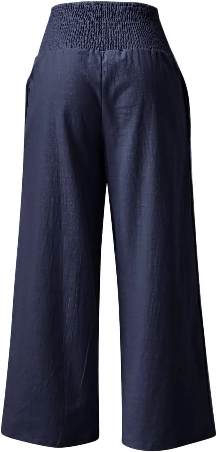 Linen Pants for Women Wide Leg Elastic High Waisted Palazzo Pants Lounge Yoga Trousers Beach Pants with Pockets