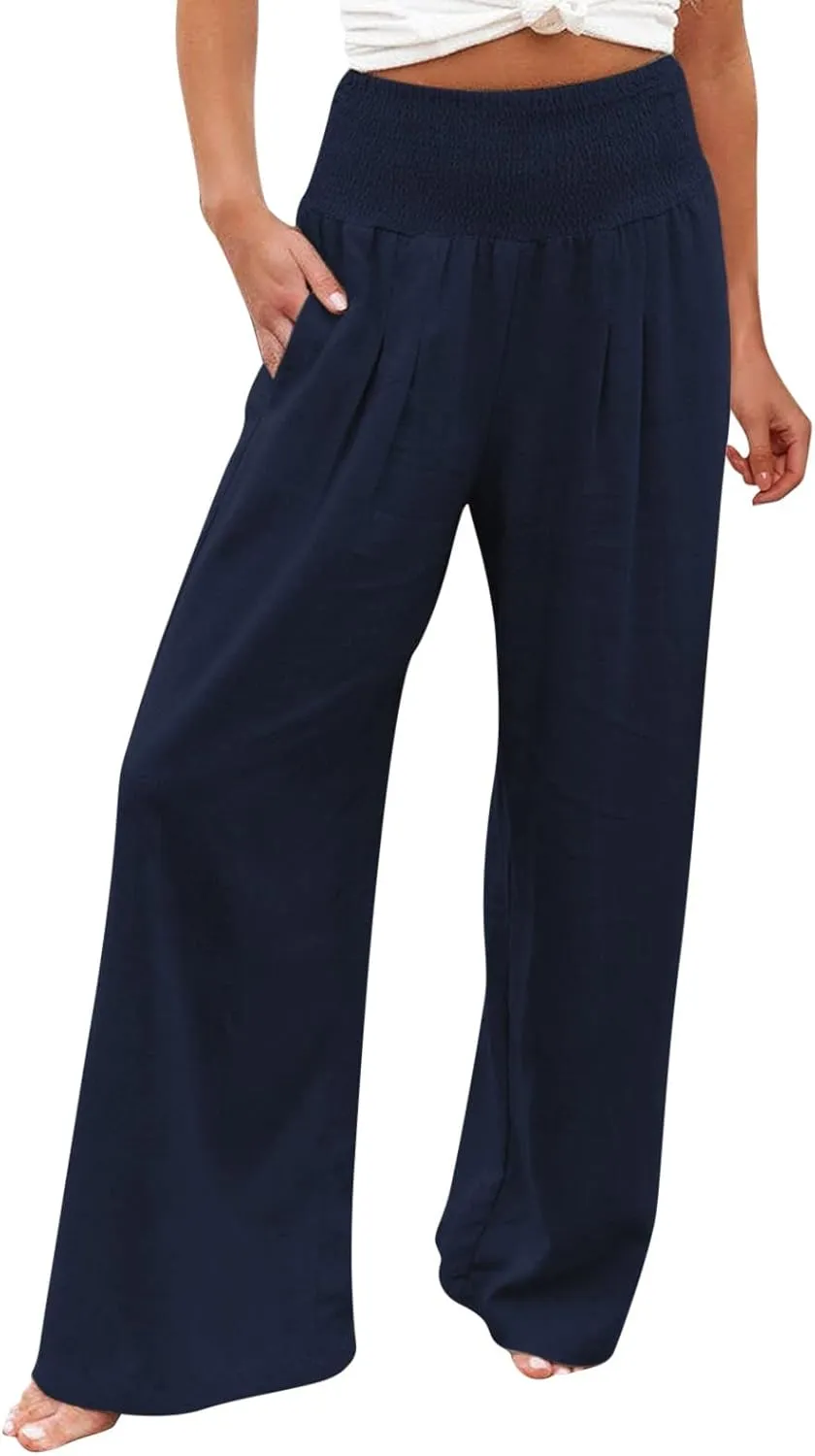 Linen Pants for Women Wide Leg Elastic High Waisted Palazzo Pants Lounge Yoga Trousers Beach Pants with Pockets