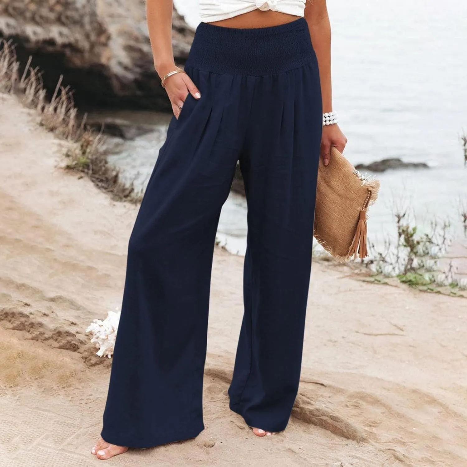 Linen Pants for Women Wide Leg Elastic High Waisted Palazzo Pants Lounge Yoga Trousers Beach Pants with Pockets