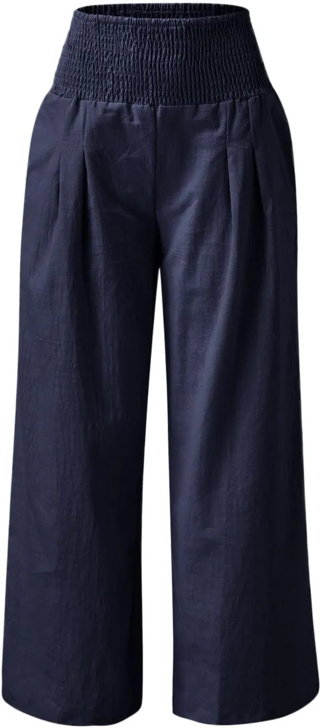Linen Pants for Women Wide Leg Elastic High Waisted Palazzo Pants Lounge Yoga Trousers Beach Pants with Pockets