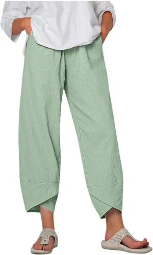 Linen Pants for Women Wide Leg High Waisted Drawstring Trousers Summer Casual Loose Trendy Beach Pants with Pockets
