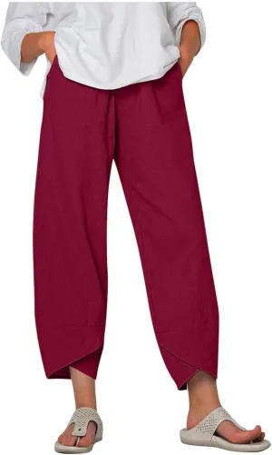 Linen Pants for Women Wide Leg High Waisted Drawstring Trousers Summer Casual Loose Trendy Beach Pants with Pockets