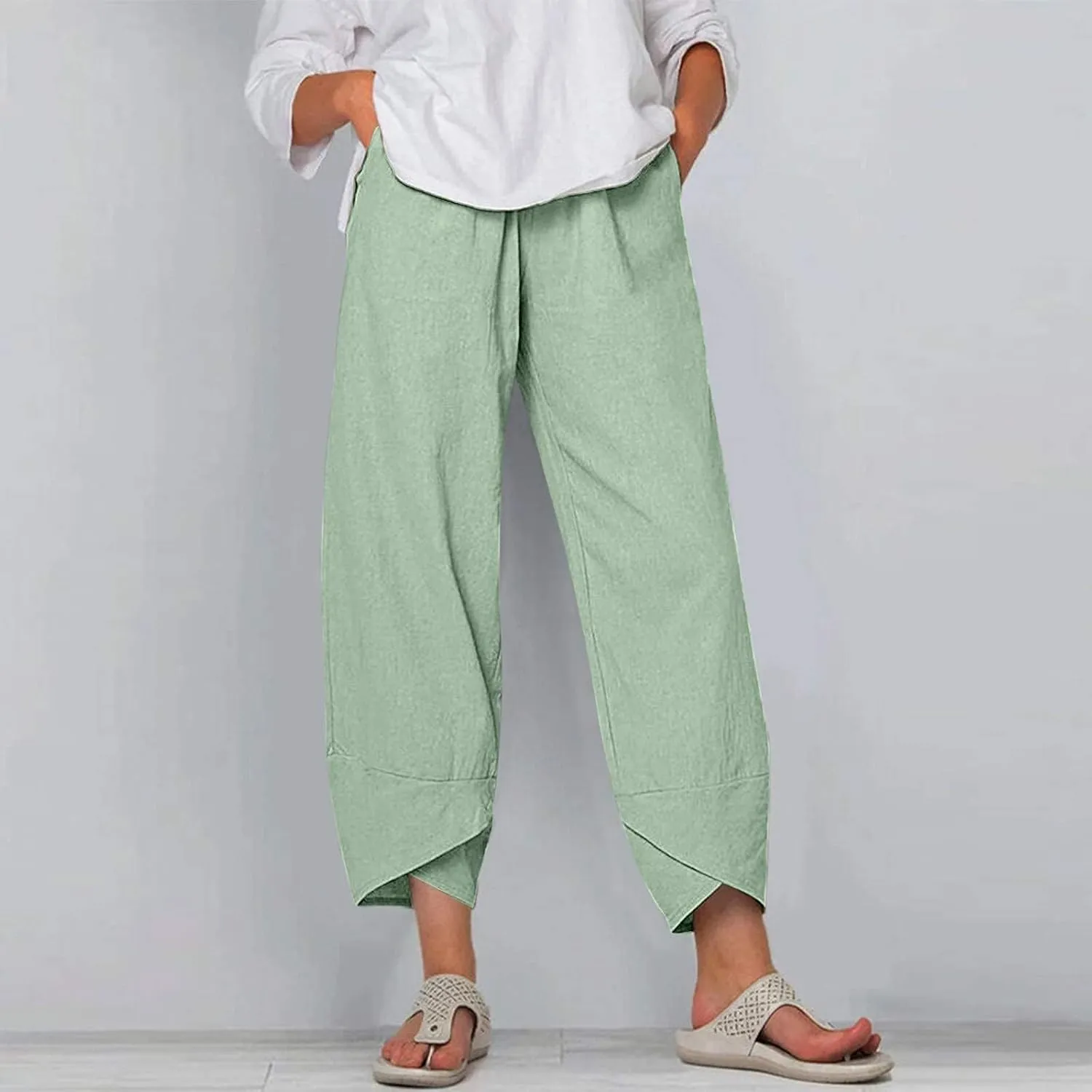 Linen Pants for Women Wide Leg High Waisted Drawstring Trousers Summer Casual Loose Trendy Beach Pants with Pockets