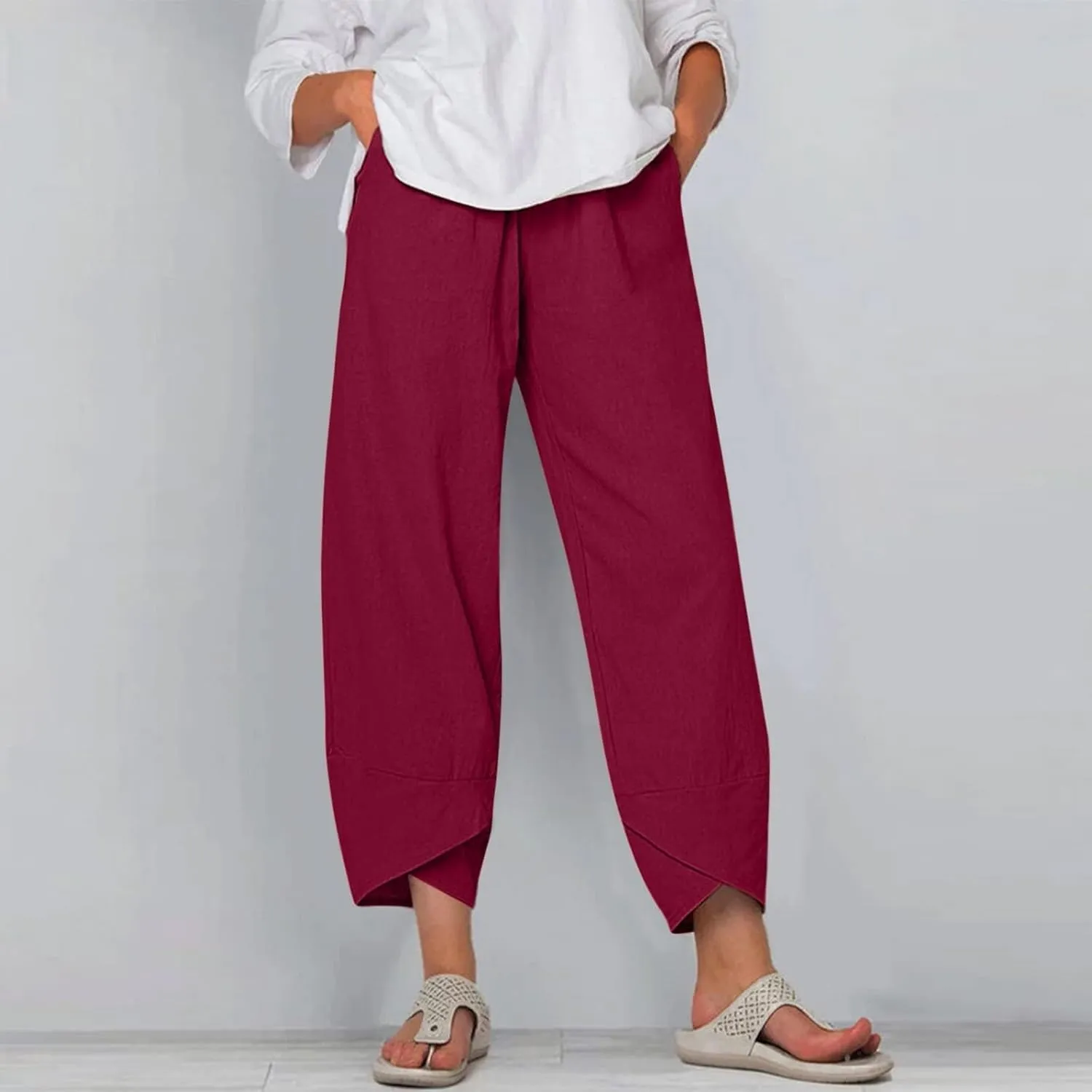Linen Pants for Women Wide Leg High Waisted Drawstring Trousers Summer Casual Loose Trendy Beach Pants with Pockets