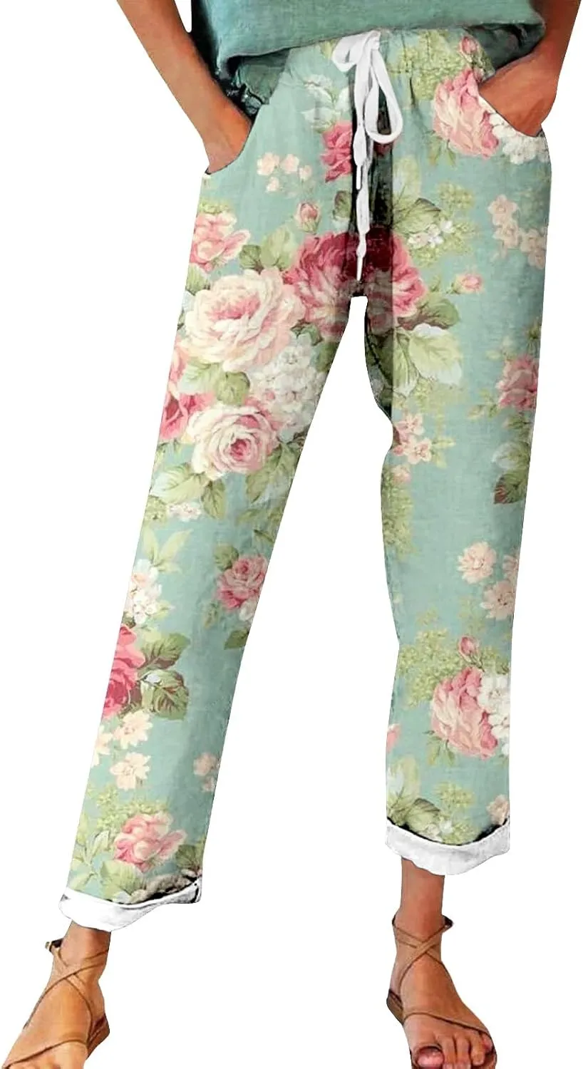 Linen Pants Sets Women Spring Lightweight Pants Women for Summer Loose Pant with String