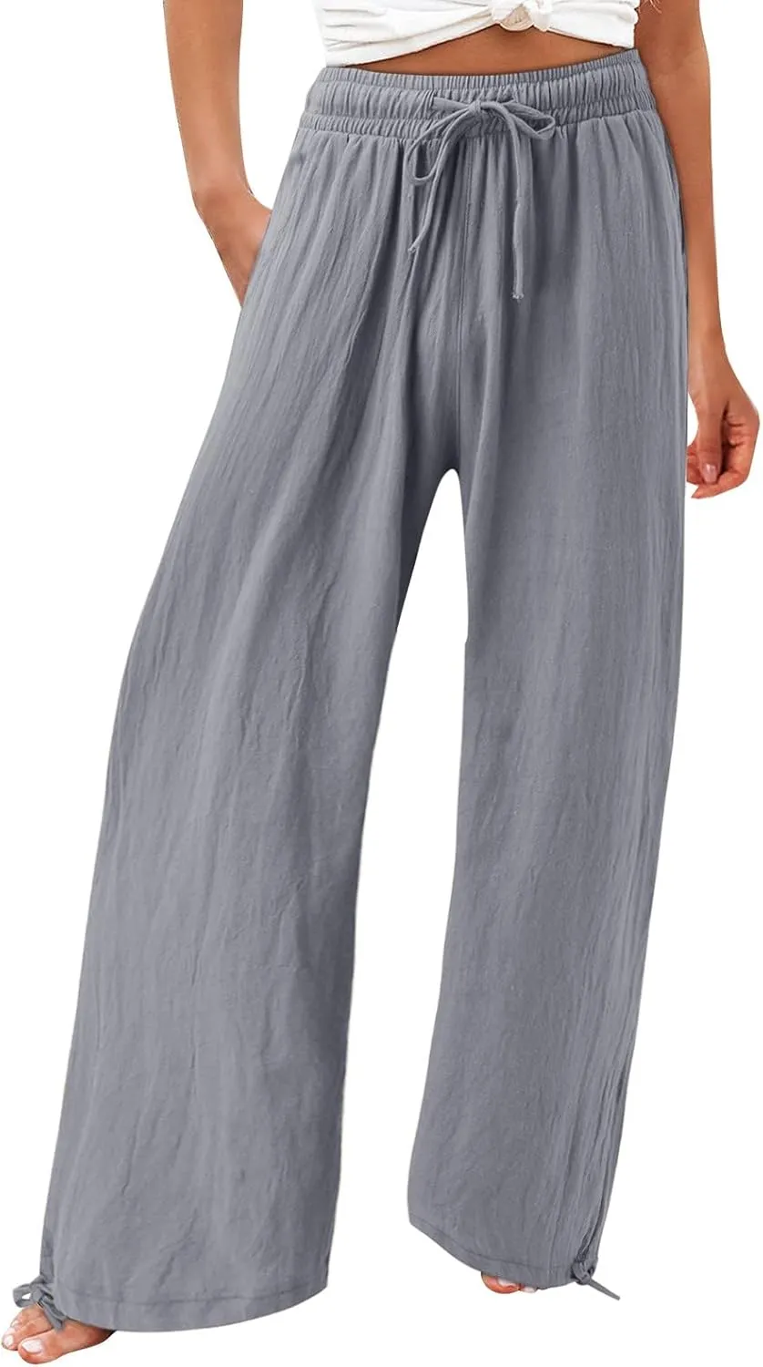 Linen Pants Women 2025 Summer Drawstring Elastic High Waist Baggy Beach Pants Wide Leg Flowy Pants with Pockets