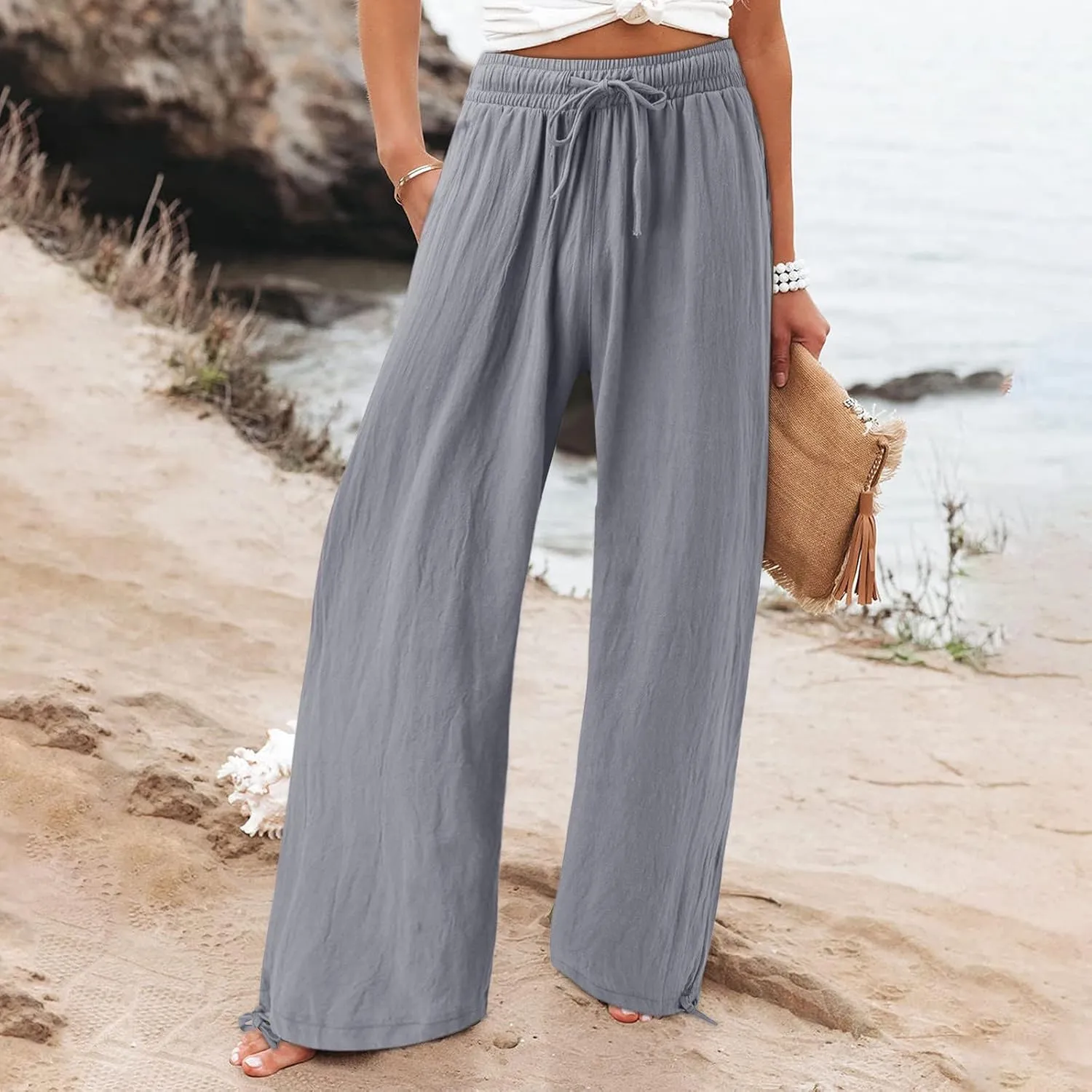 Linen Pants Women 2025 Summer Drawstring Elastic High Waist Baggy Beach Pants Wide Leg Flowy Pants with Pockets