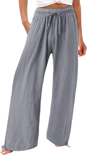 Linen Pants Women 2025 Summer Drawstring Elastic High Waist Baggy Beach Pants Wide Leg Flowy Pants with Pockets