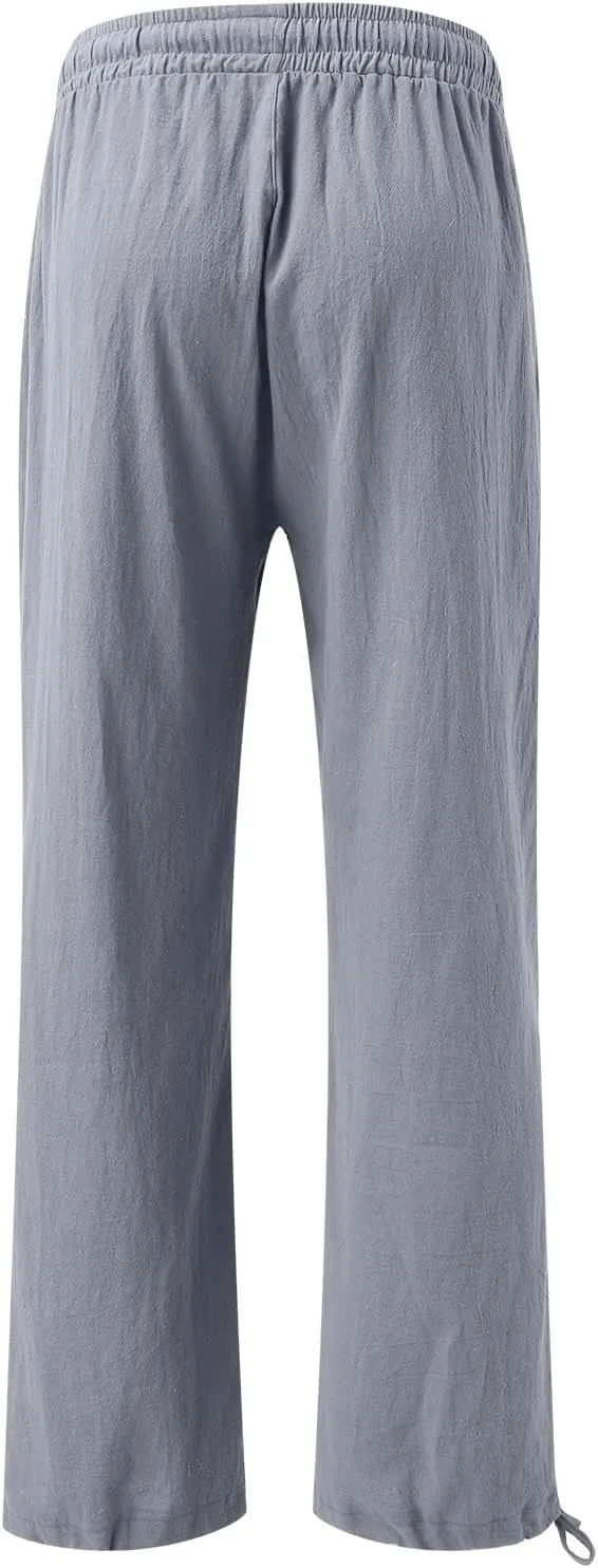 Linen Pants Women 2025 Summer Drawstring Elastic High Waist Baggy Beach Pants Wide Leg Flowy Pants with Pockets