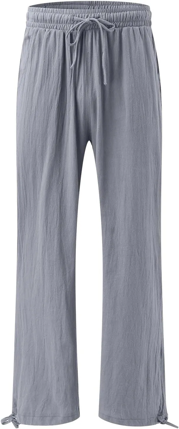 Linen Pants Women 2025 Summer Drawstring Elastic High Waist Baggy Beach Pants Wide Leg Flowy Pants with Pockets