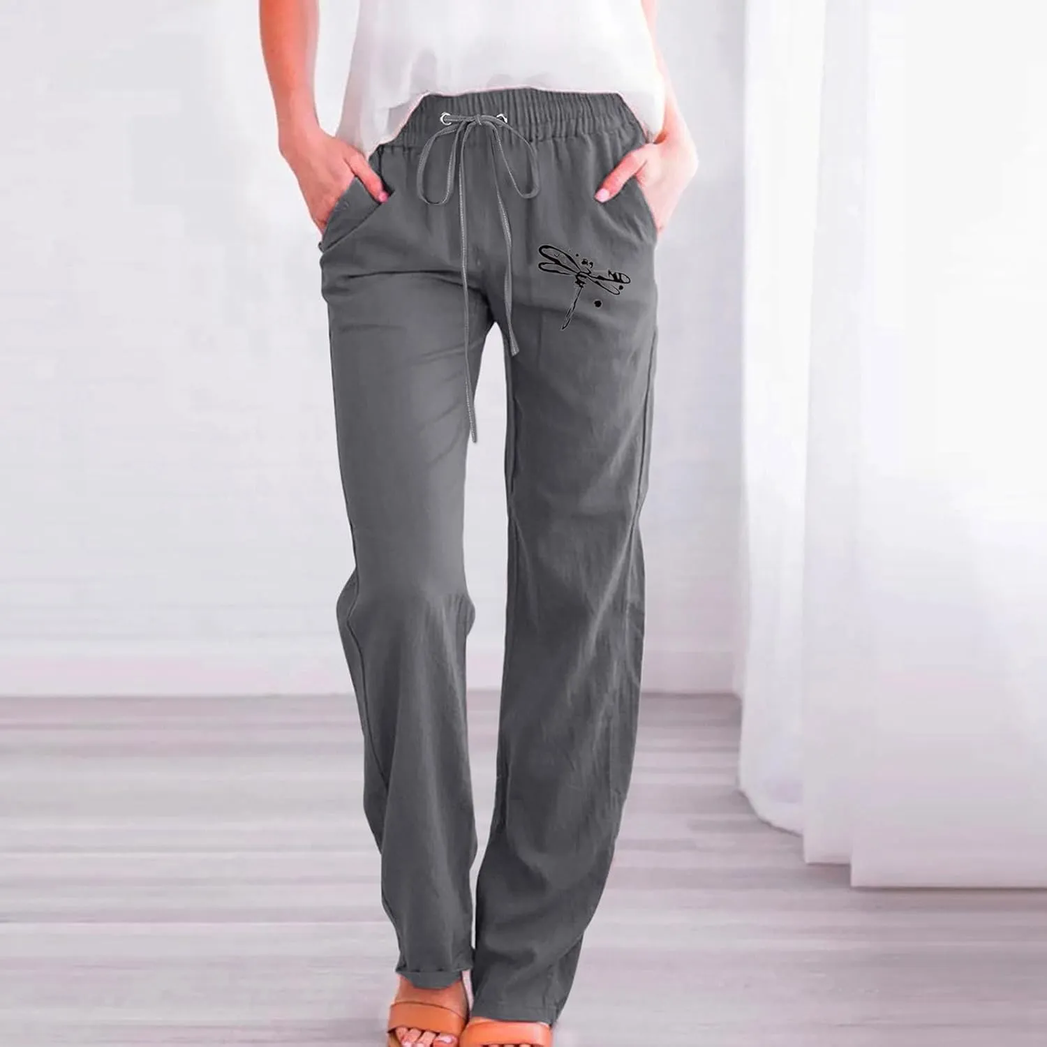 Linen Pants Women Long Straight Leg Loose Comfy Trousers High Waist Drawstring Summer Lounge Beach Soft Sweatpants