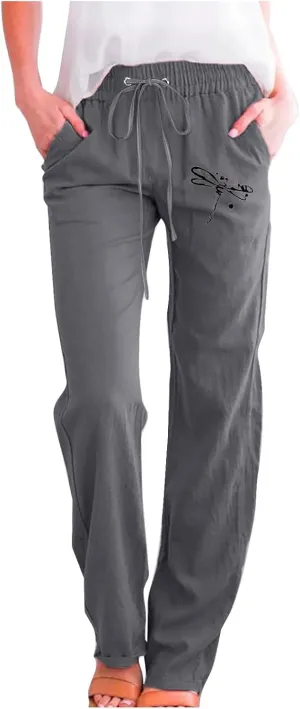 Linen Pants Women Long Straight Leg Loose Comfy Trousers High Waist Drawstring Summer Lounge Beach Soft Sweatpants