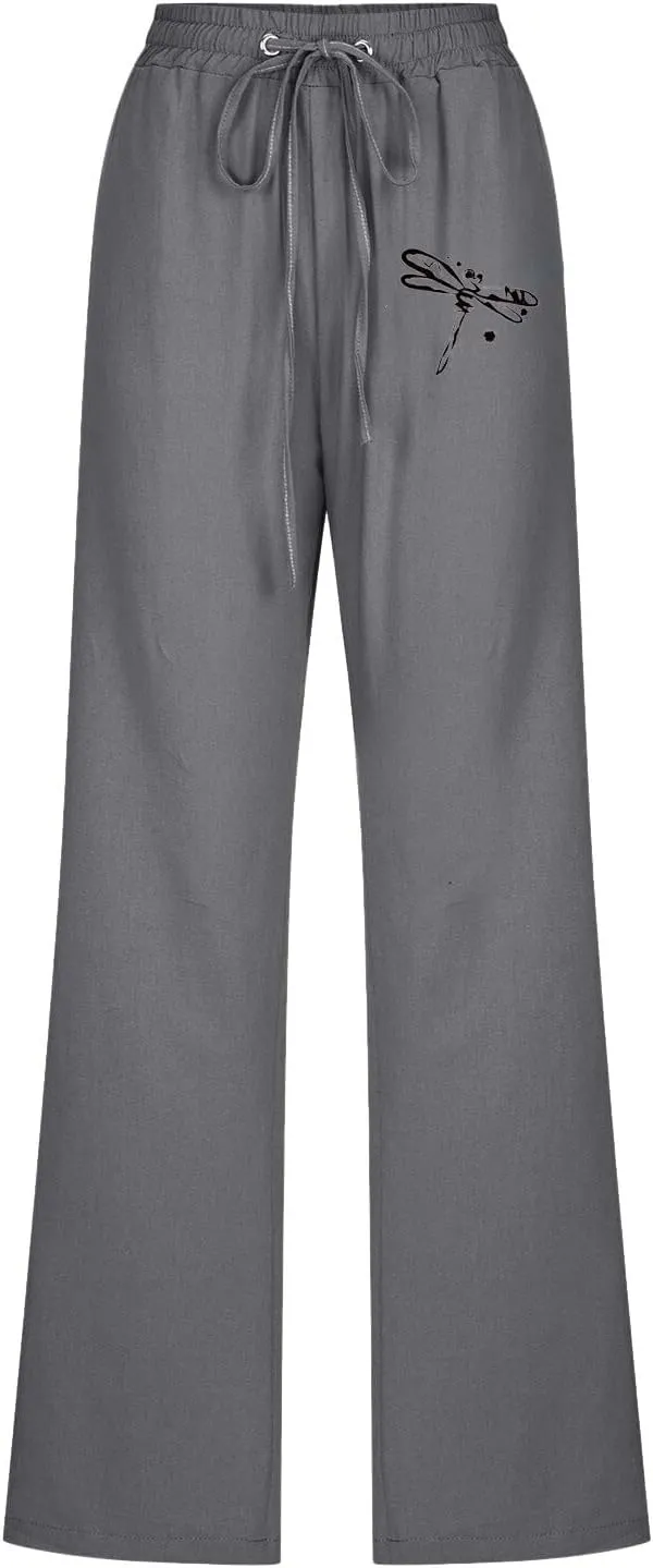 Linen Pants Women Long Straight Leg Loose Comfy Trousers High Waist Drawstring Summer Lounge Beach Soft Sweatpants