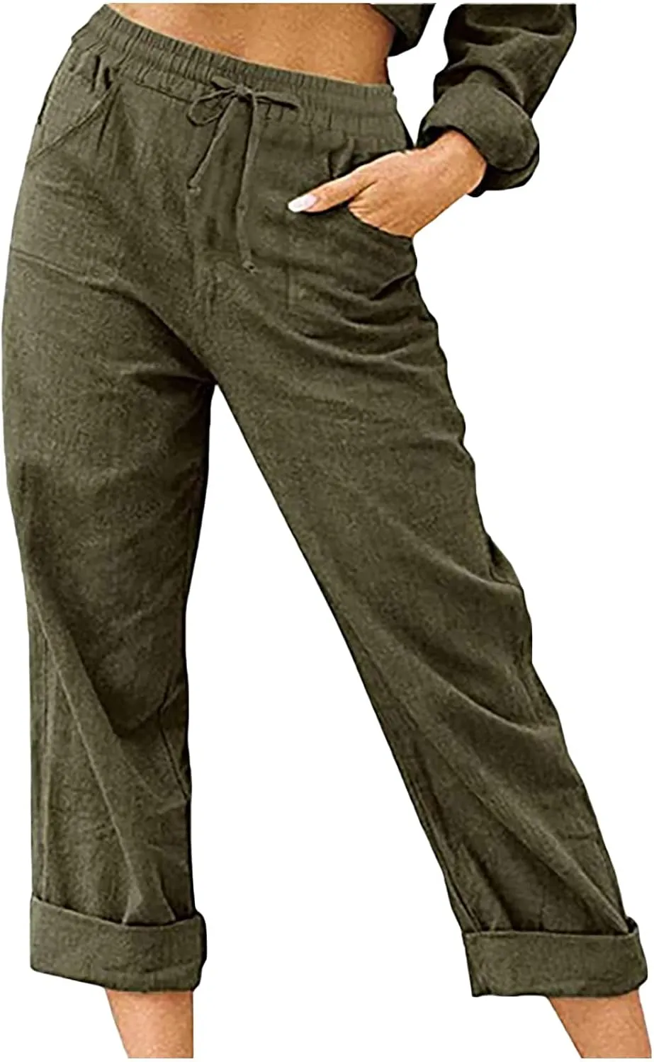 Linen Pants Women Summer 2024 Drawstring Waisted Solid Color Lounge Trousers Casual Loose Fit Wed Leg Pants