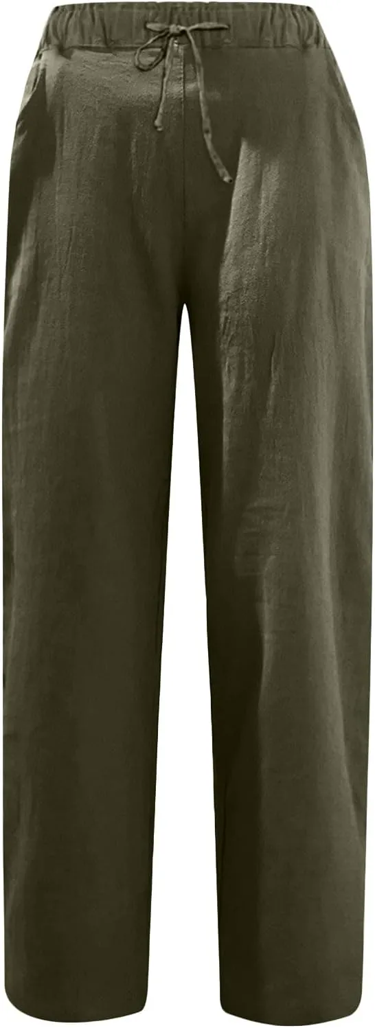 Linen Pants Women Summer 2024 Drawstring Waisted Solid Color Lounge Trousers Casual Loose Fit Wed Leg Pants