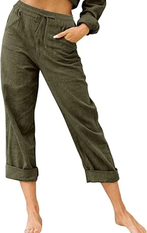 Linen Pants Women Summer 2024 Drawstring Waisted Solid Color Lounge Trousers Casual Loose Fit Wed Leg Pants