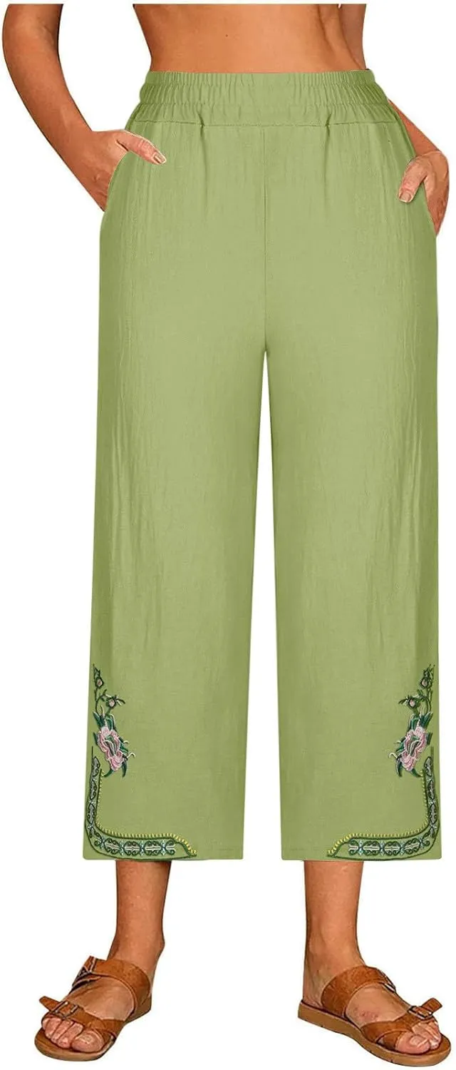 Linen Pants Women Summer Fashion Casual Loose Solid High Waisted Pant Elastic Cropped Embroidery Trousers