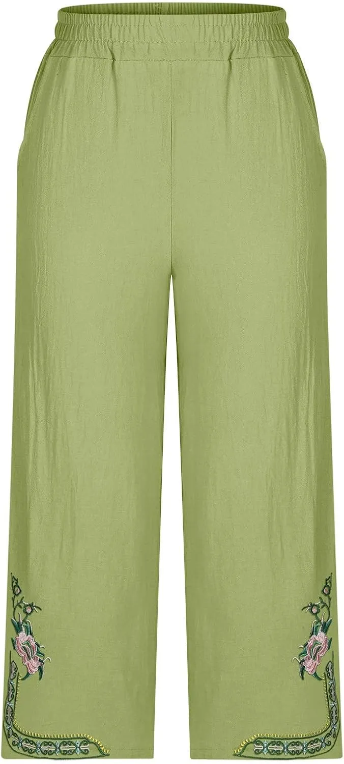 Linen Pants Women Summer Fashion Casual Loose Solid High Waisted Pant Elastic Cropped Embroidery Trousers