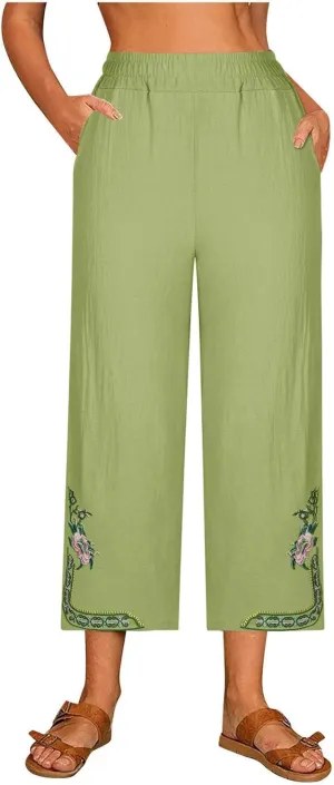 Linen Pants Women Summer Fashion Casual Loose Solid High Waisted Pant Elastic Cropped Embroidery Trousers