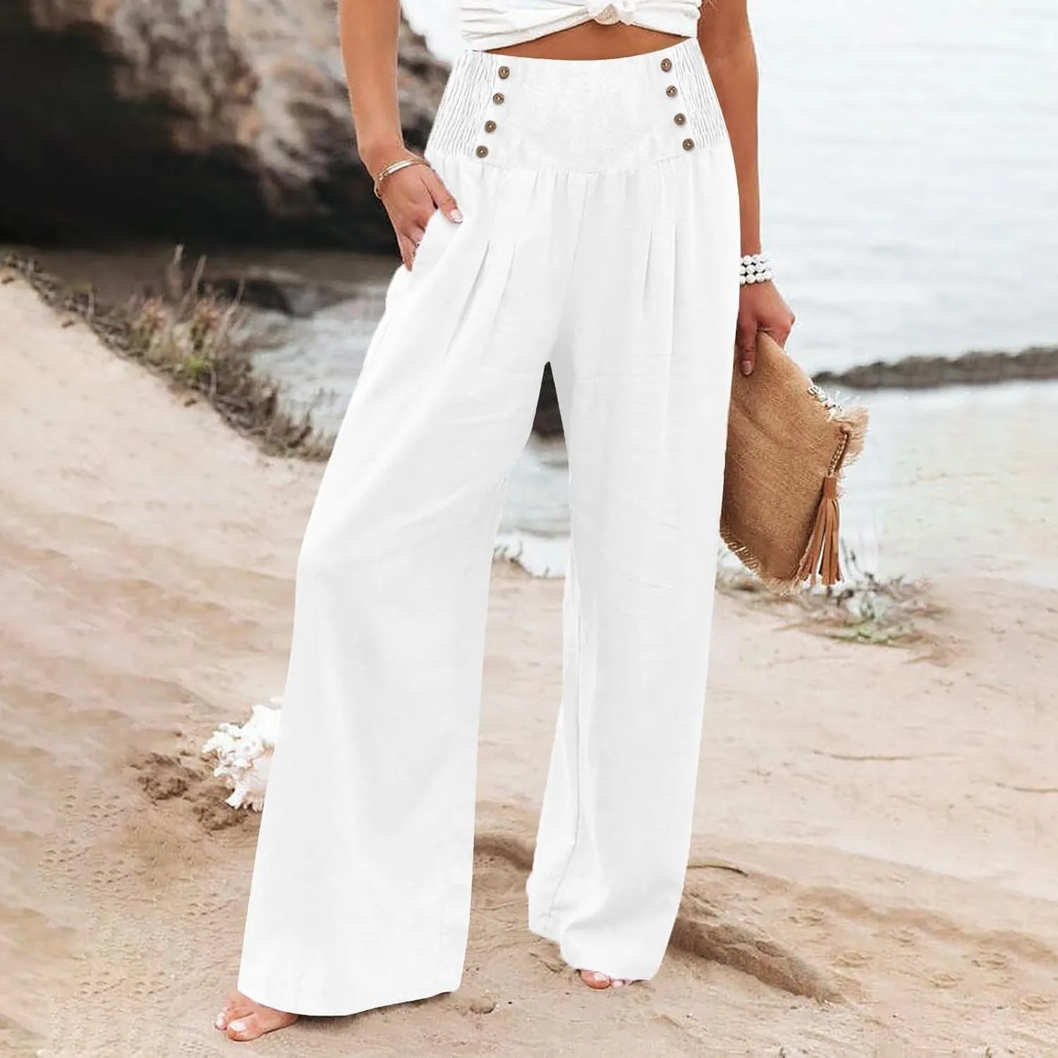 Linen Pants Women Summer Smocked High Waisted Wide Leg Trousers Flowy Beach Boho Palazzo Pants with Pockets
