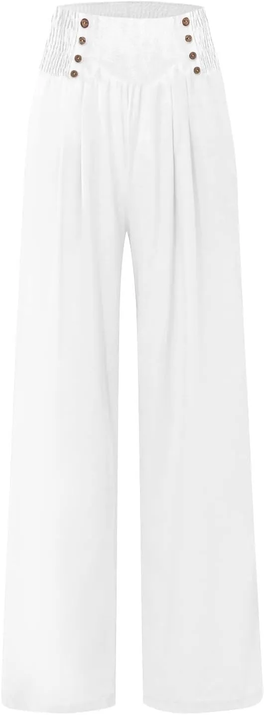 Linen Pants Women Summer Smocked High Waisted Wide Leg Trousers Flowy Beach Boho Palazzo Pants with Pockets