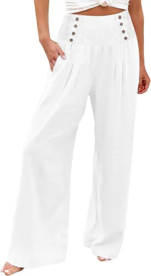 Linen Pants Women Summer Smocked High Waisted Wide Leg Trousers Flowy Beach Boho Palazzo Pants with Pockets